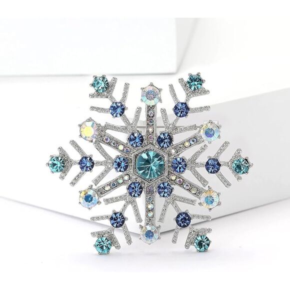 Women Rhinestone Snowflake Brooch Crystal Winter Snowflake Brooch Pin Blue - Picture 3 of 6